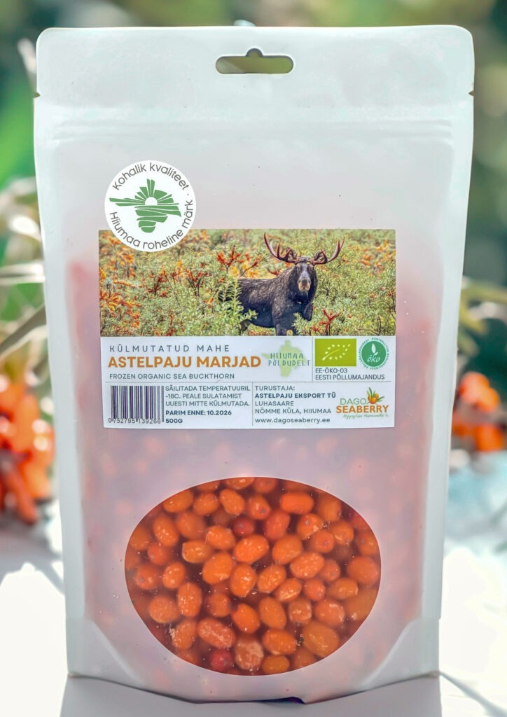 Külmutatud mahe astelpaju marjad 500 g pakendis, Dago Seaberry mahetoode Hiiumaalt